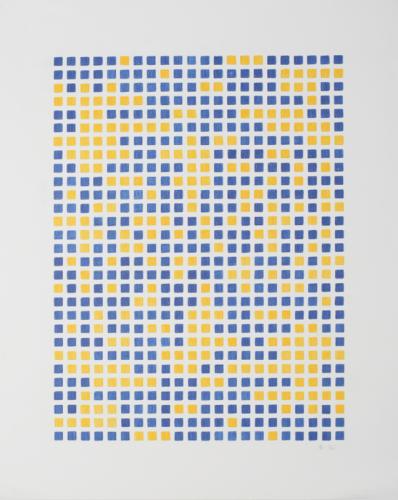 ohne Titel (Quadratkomposition in Gelb und Blau)