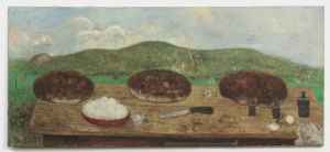 Brote auf Tisch vor Landschaft