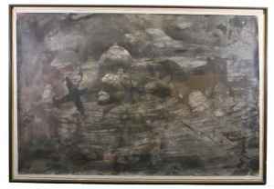 ohne Titel (Pferd und Flugzeugsilhouette in Landschaft)