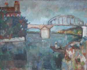 ohne Titel (franz�ische Flu�landschaft mit Br�cke und Ruderboot)